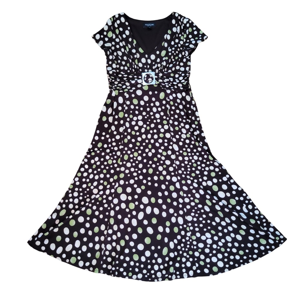 Perceptions 12 Midi Dress Brown Green Polka Dot 90s Y2K Modest Fit Flare Retro